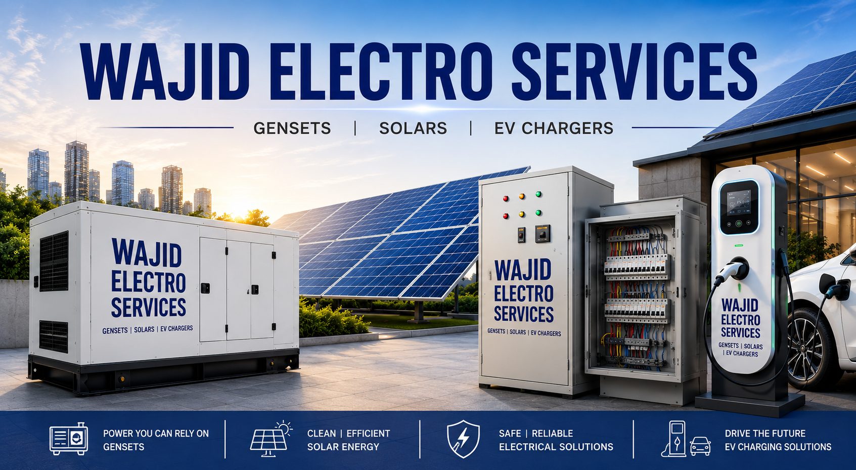 Wajid Electro Services gensets, solar panels, PIB boxes and EV chargers